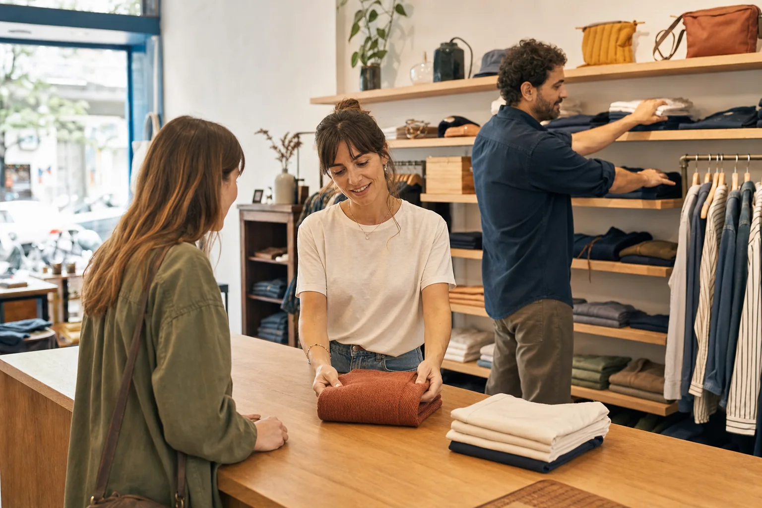 Dos comerciantes atienden a una clienta y organizan su local