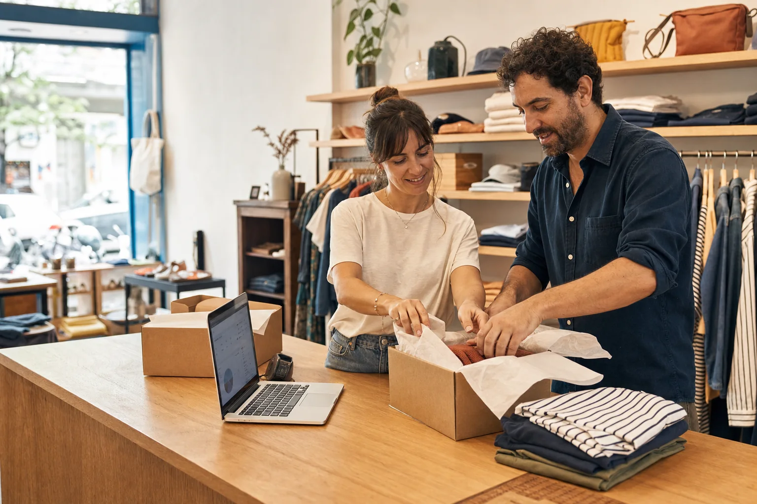 Dos comerciantes preparan juntos un pedido online en su local