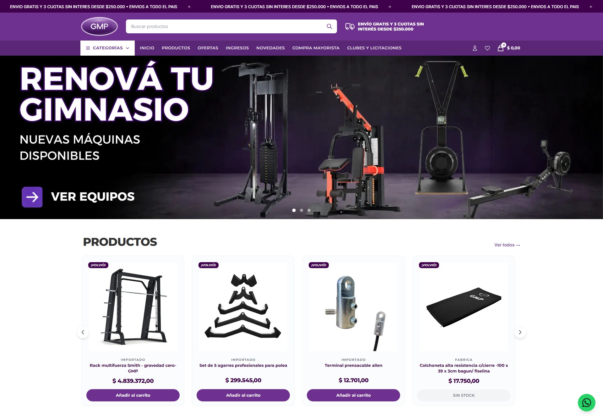 Captura de la página de inicio de GMP Equipamientos